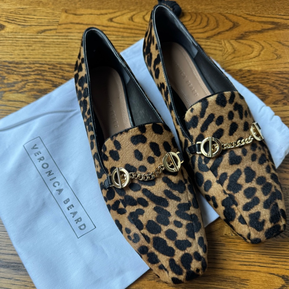Veronica Beard Brown and Gold Flats with Leopard Print